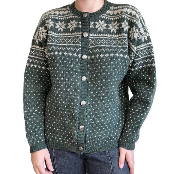 Vintage 90s Womens Olive Green Eddie Bauer Fair Isle Christmas Wool Cardigan - Picture 1 of 8